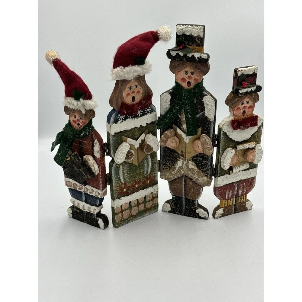 Vintage Wooden Christmas Carolers Hand-Painted Hinged Screen Rustic Victorian